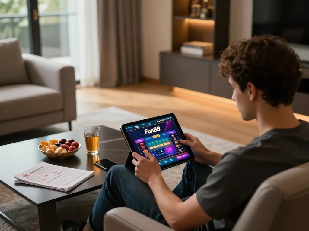 Engaging gameplay on the Fun88 app in a cozy home setting, showcasing a modern online gambling experience
