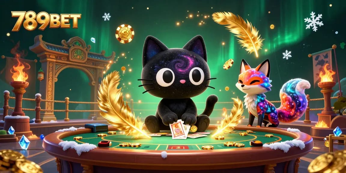 Embrace the cosmic allure of 789BET as a cartoon black hole cat pulls in golden chips at a lively casino.