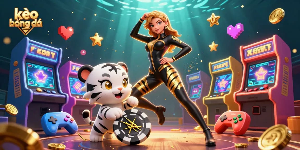 Engage in kèo bóng đá with a thrilling scene featuring a woman and tiger amidst colorful gaming elements.