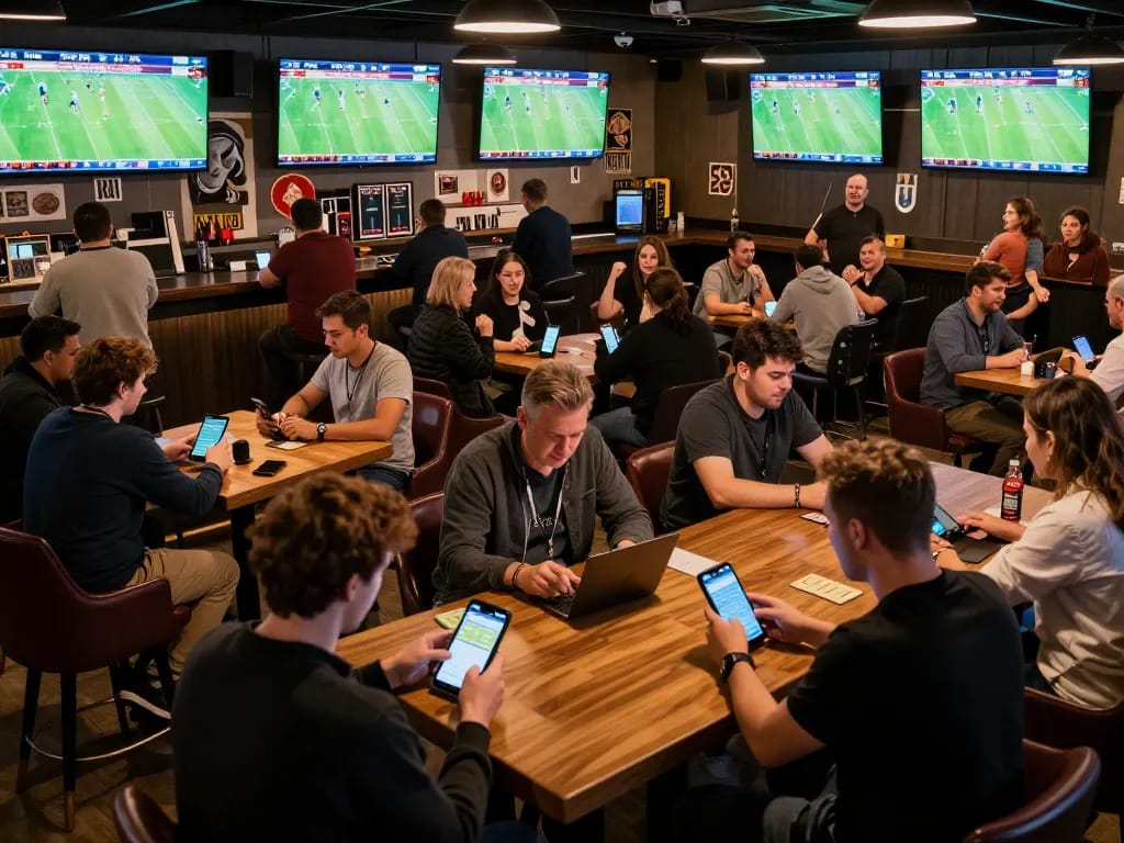 Engaged patrons placing bets on Okwintv while watching live sports broadcasts in a modern bar.