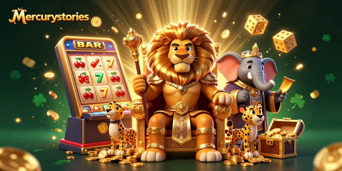 Engage in the thrilling world of mercurystories with a dynamic 3D casino scene featuring a lion king among jackpot explosions and slot machines.