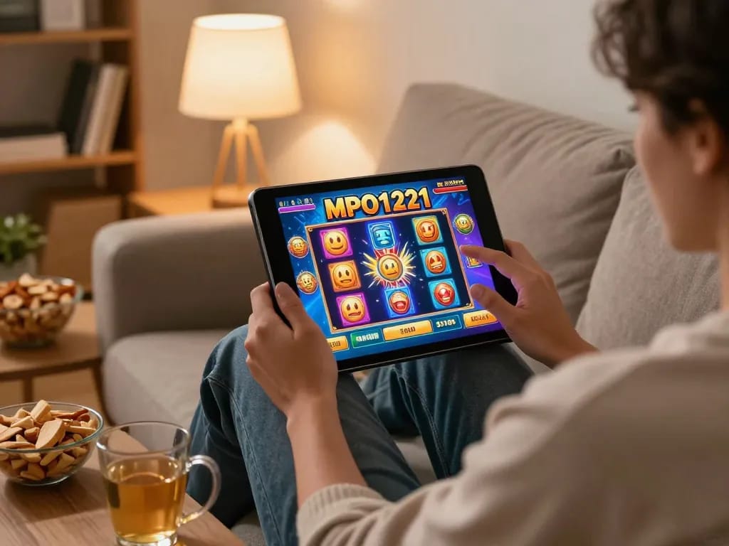 Pemain MPO1221 menikmati permainan slot online di tablet di suasana rumah yang nyaman