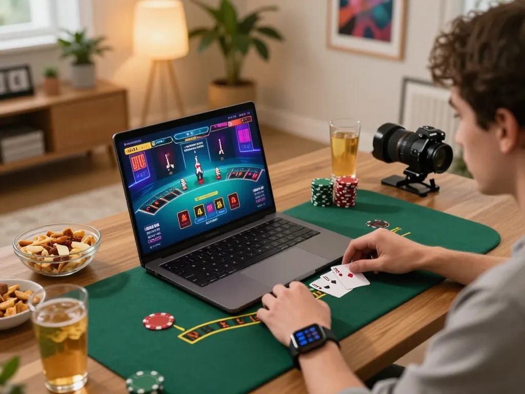 Engaging in strategic blackjack gameplay on okfun platform at home, showcasing a cozy gaming environment