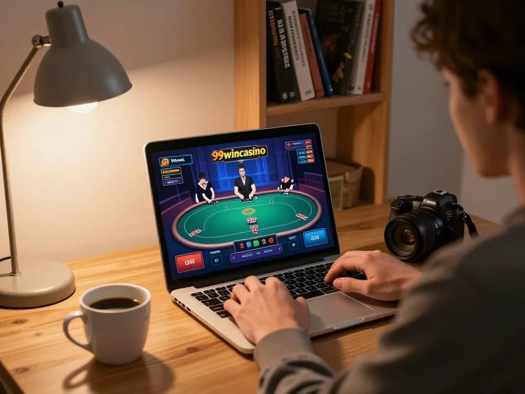 Engaged player enjoying 99wincasino gaming experience on laptop in cozy home office.