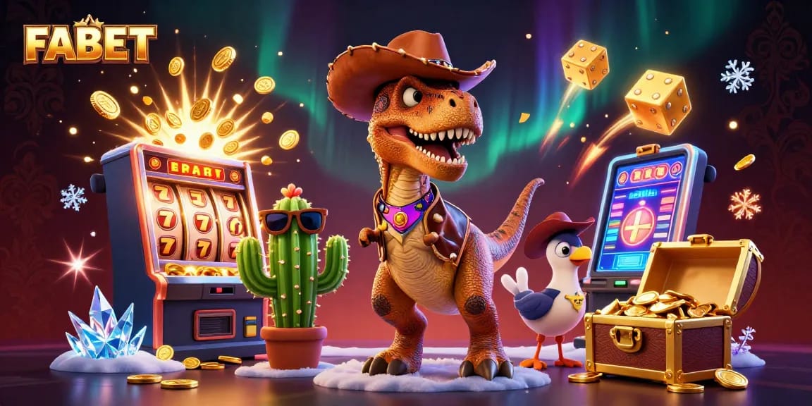 Join the fun at FABET with a vibrant casino scene featuring a T-Rex and slot machines!