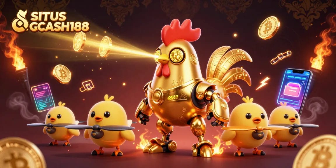 SITUS QQCASH188 showcases a dynamic illustration with a golden rooster robot and baby chick drones amidst glowing cryptocurrency elements.