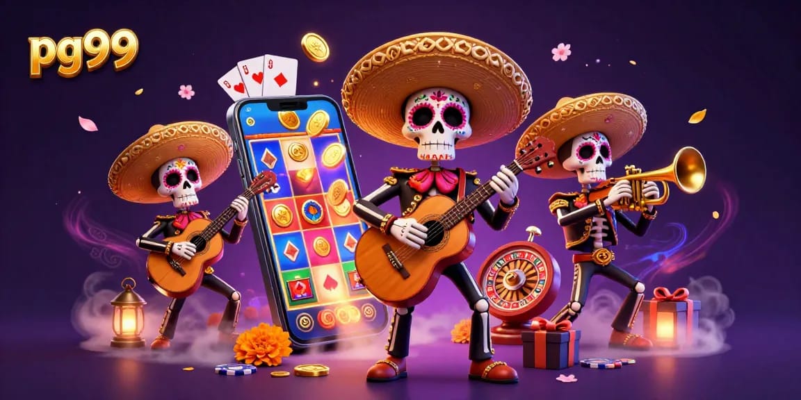 Engage with pg99 through a vibrant, colorful Day of the Dead casino scene featuring a lively mariachi band.