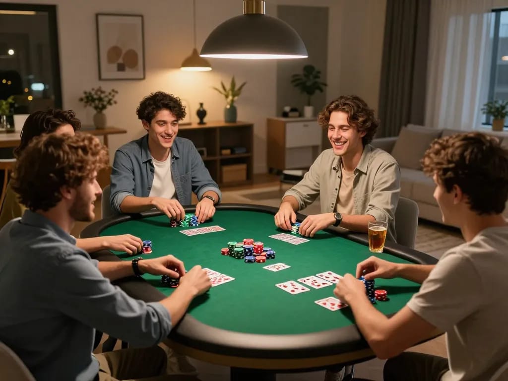 Friends enjoy a lively poker night with LC88, surrounded by colorful chips and cards.