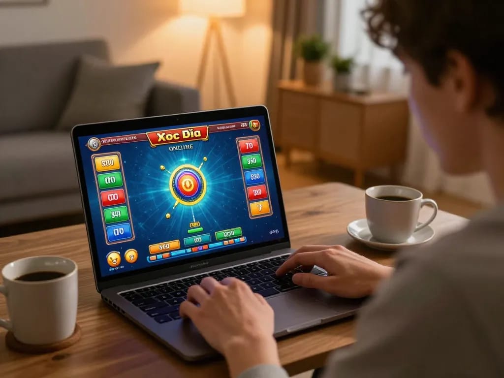 Player engaged in Xóc Đĩa Online on a laptop, showcasing strategic gameplay in a cozy living room