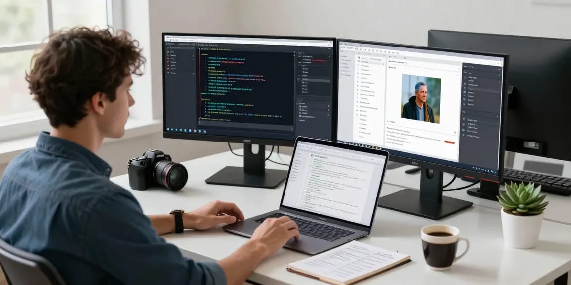 Image of a professional workspace with a free ai detector showcasing algorithms and image analysis.