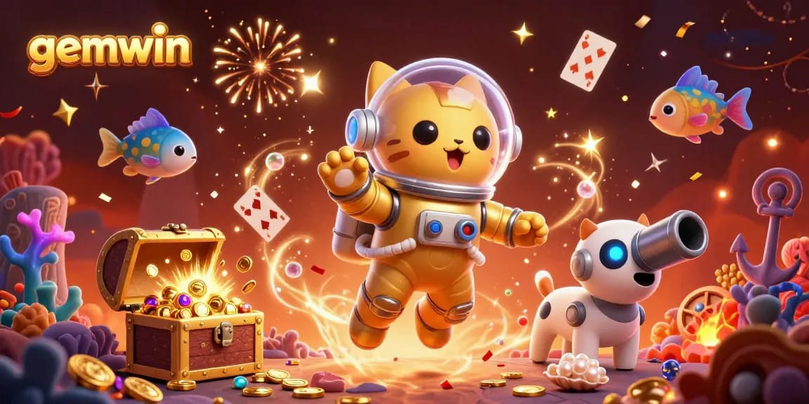 Experience thrilling gaming at gemwin with a dynamic adventure featuring a space cat, robot dog, and treasures.