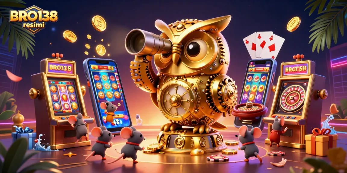 Engage in exciting gameplay at BRO138 resmi with a vibrant casino scene featuring unique characters and slot machines.