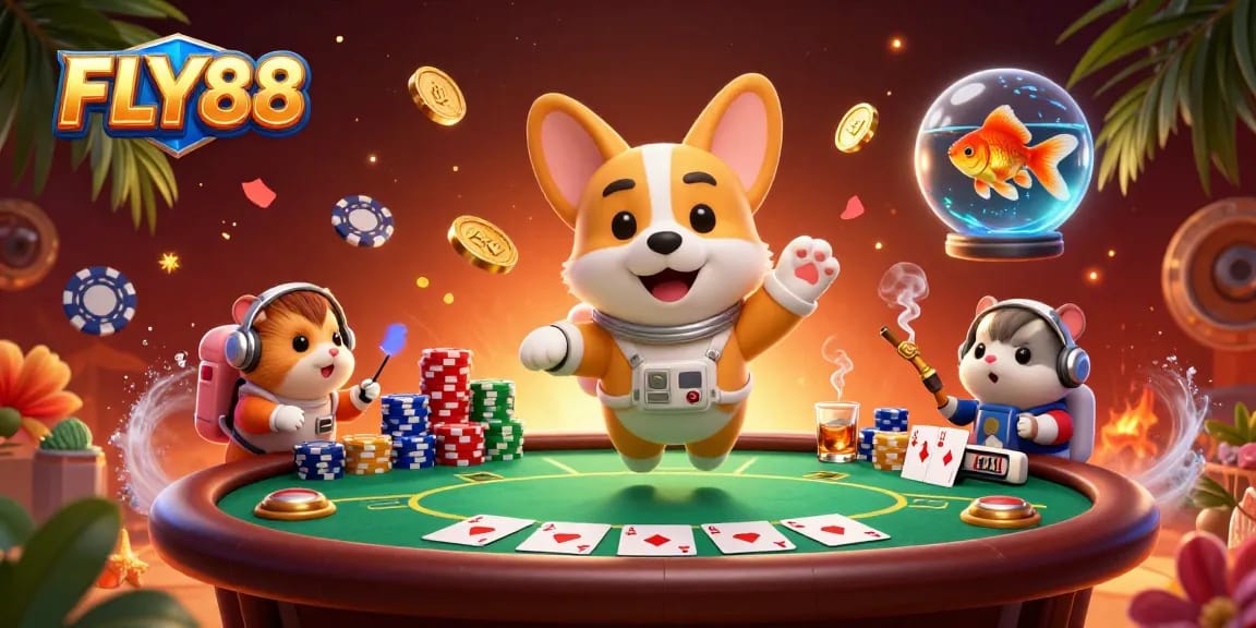 Engage in thrilling games with FLY88's dynamic gaming scene featuring a corgi astronaut and casino excitement.