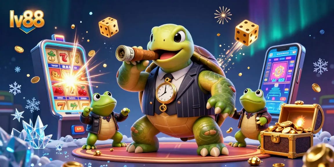 Get ready to spin and win with LV88's vibrant 3D casino scene featuring a massive snapping turtle and bullfrog enforcers.