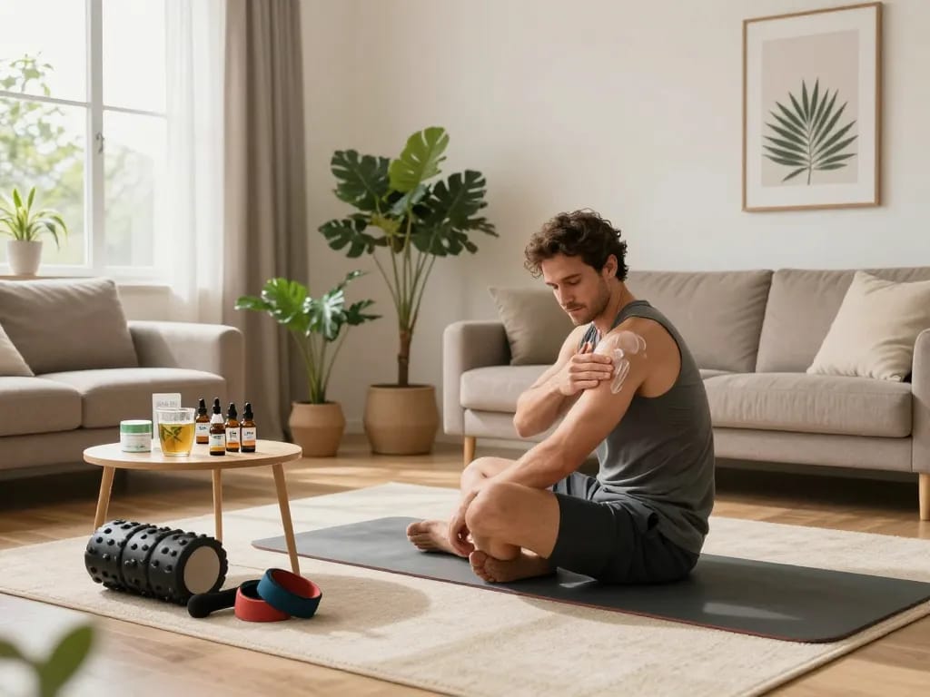 Recupera con una crema al CBD di alta qualità hashish 120u post-allenamento in uno spazio moderno con elementi di benessere naturale.
