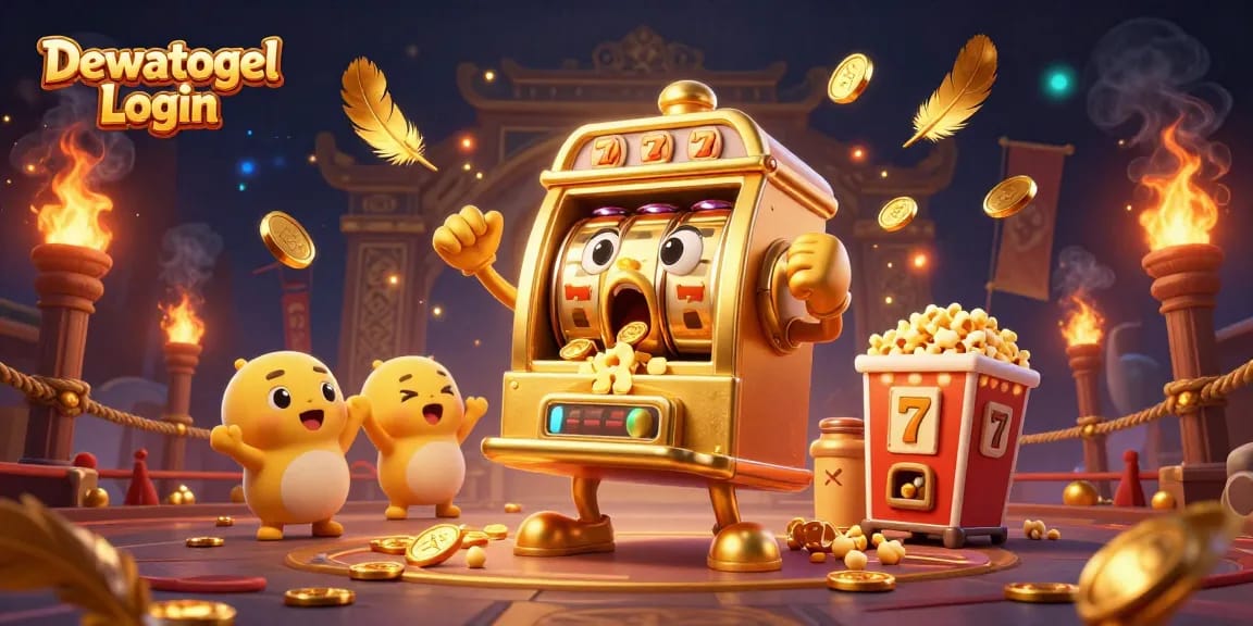 Dewatogel Login shows a vibrant 3D slot machine celebrating a jackpot with cheering baby slots and golden coins cascading