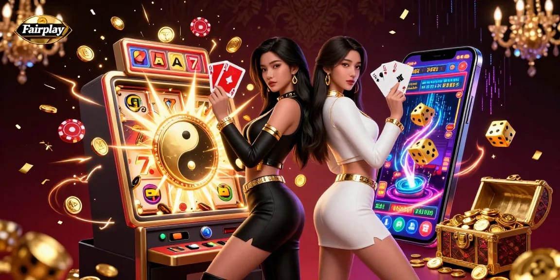 Experience Fairplay excitement with Asian women in casino attire holding playing cards amid a vibrant jackpot scene.