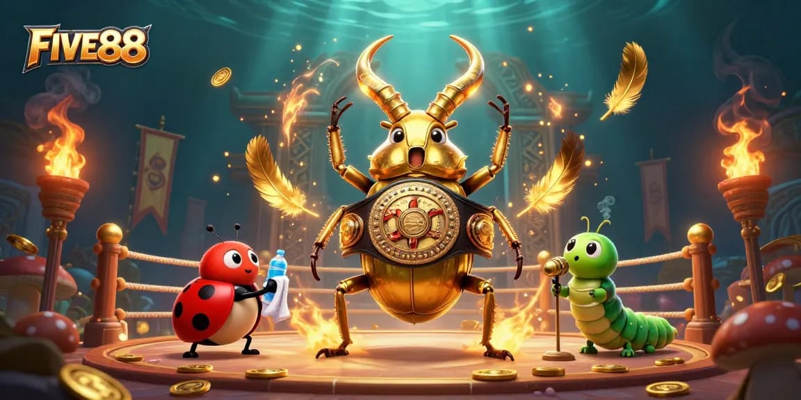 Engage in thrilling gambling at FIVE88, showcasing a dynamic 3D scene of cartoon characters in an arena.