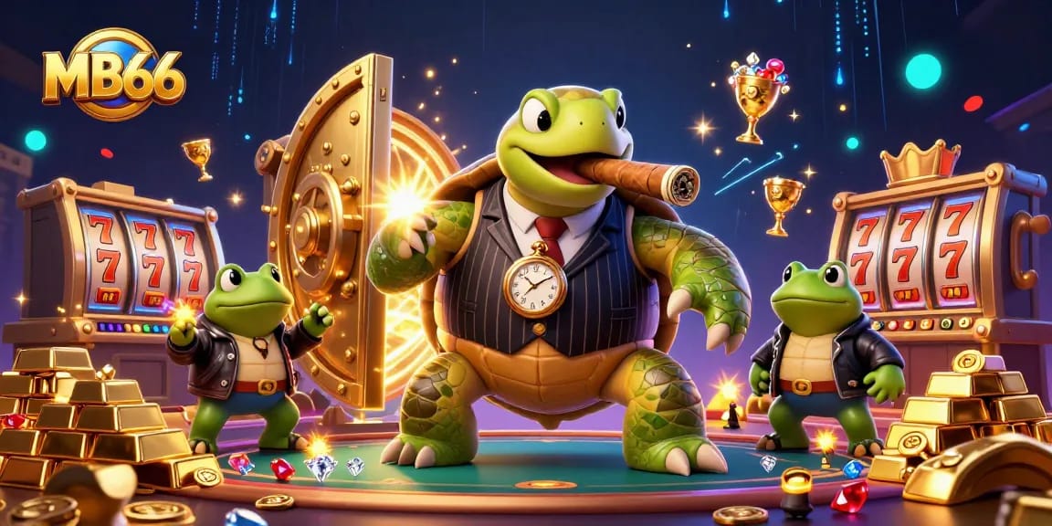 Engage with MB66's lively casino atmosphere featuring a turtle in mobster attire and slot elements.