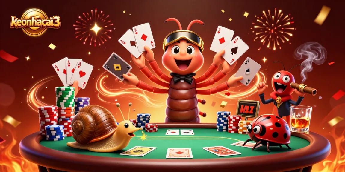 Engage with keonhacai3 as the millipede dealer showcases cards in a vibrant casino scene.