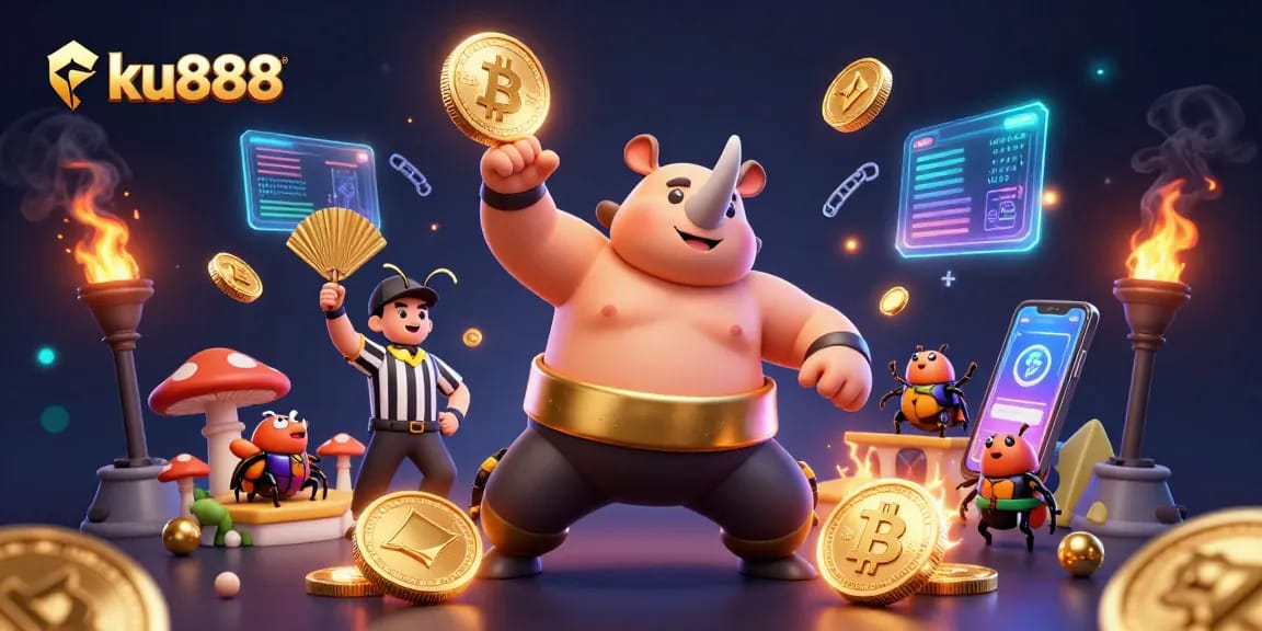 Join ku888 for thrilling gaming action featuring a sumo beetle champion amidst flying coins.
