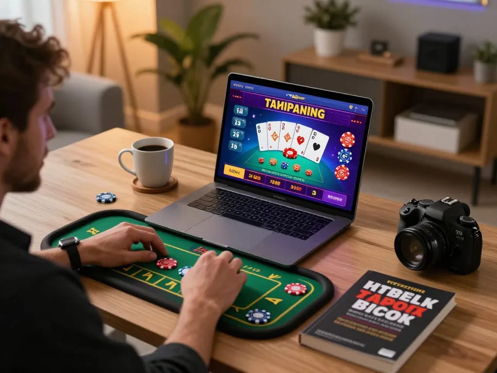 Player enjoying go8 online casino game on laptop amidst cozy home atmosphere.