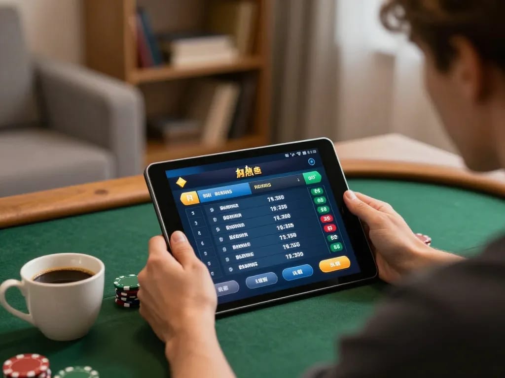 Playing poker on https://rr88co.net/ with a tablet in a cozy home setting, showcasing strategic gameplay.