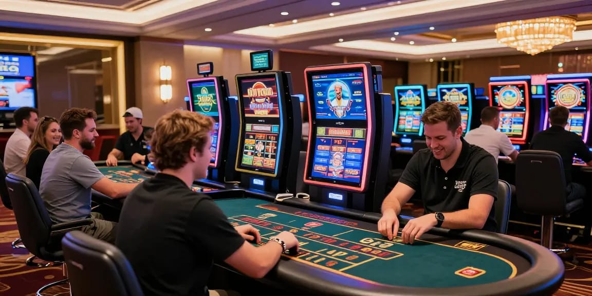 Players enjoying credit card casinos in a vibrant casino atmosphere with modern gaming tables.