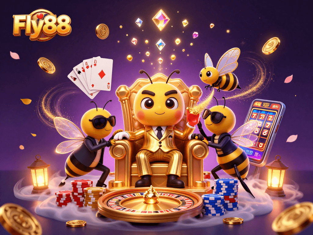 Experience thrill and excitement at Fly88 with a vibrant 3D casino scene featuring lively characters.