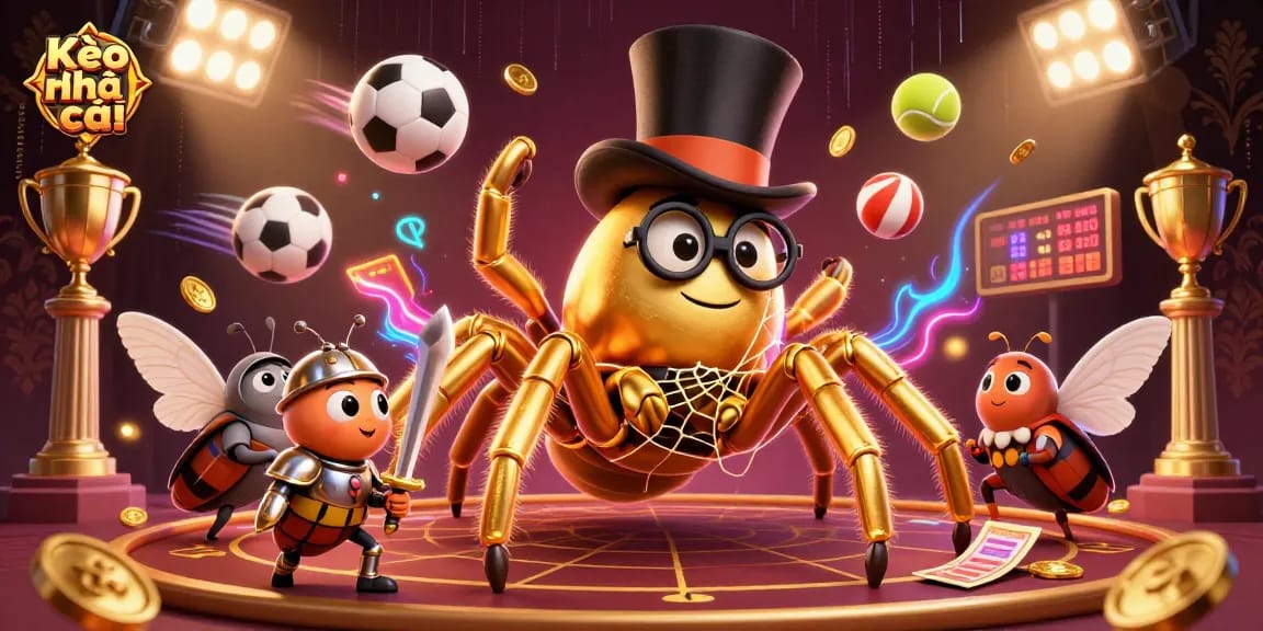 Kèo nhà cái features a vibrant scene with unique characters engaging in sports betting excitement.