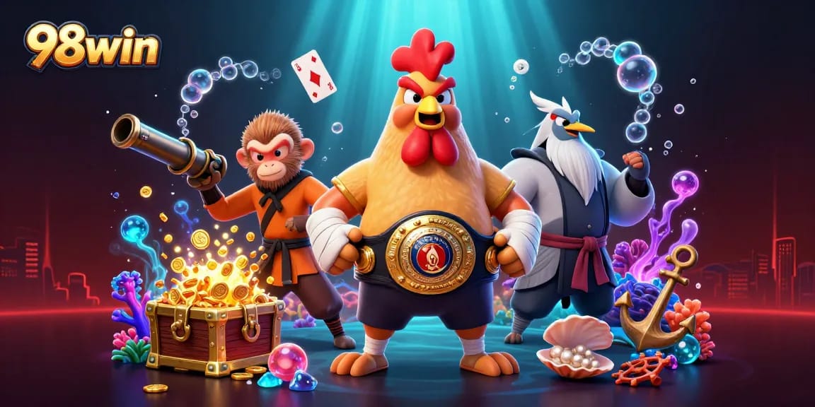 Experience thrilling wins at 98win with vibrant 3D characters battling for treasures in a dazzling casino world.
