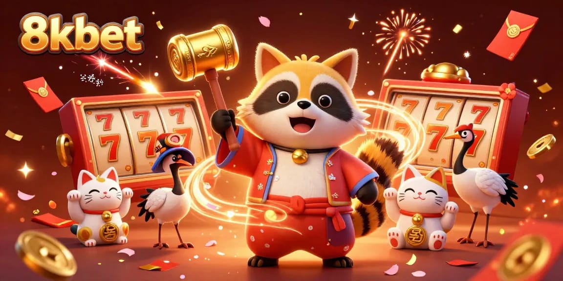 Experience 8xbet's vibrant slots with a lucky tanuki, fireworks, and colorful cats celebrating success.