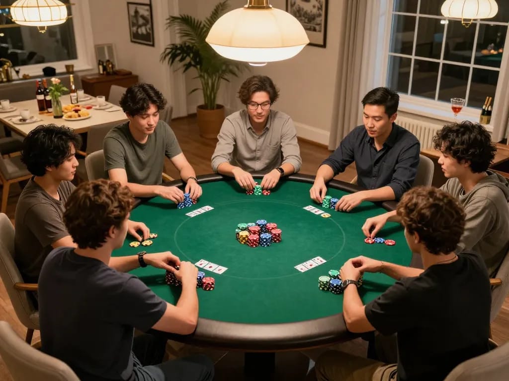 Players enjoying a poker night at home with god55 themed chips during friendly competition.