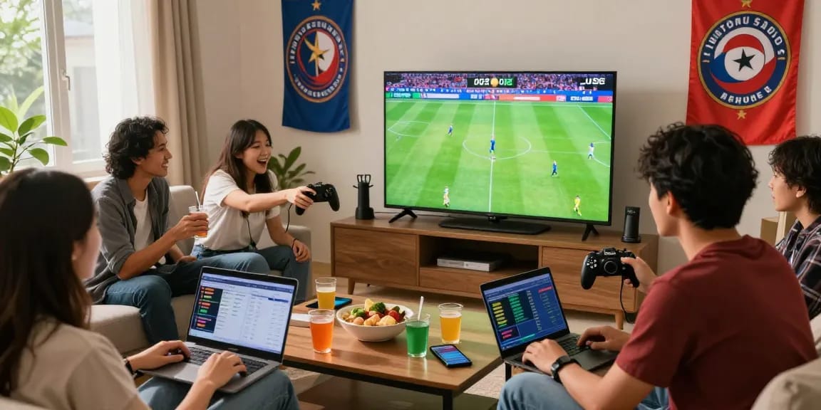 Suasana judi bola dengan teman-teman menonton pertandingan seru.