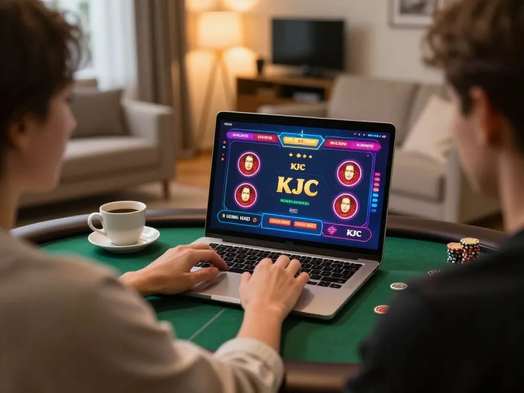 KJC gaming enthusiast engaged in an online poker game at home with a cozy ambiance.