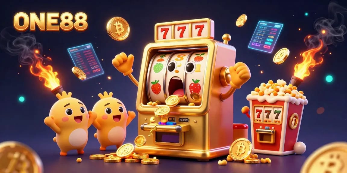 Experience the excitement of ONE88's golden slot machine jackpot with cheerful characters and vibrant casino elements.