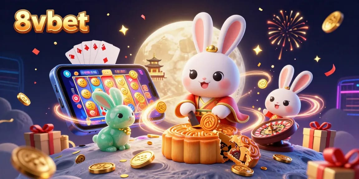 Engage with 8xbet's vibrant casino experience featuring moon rabbits and dynamic slot visuals.