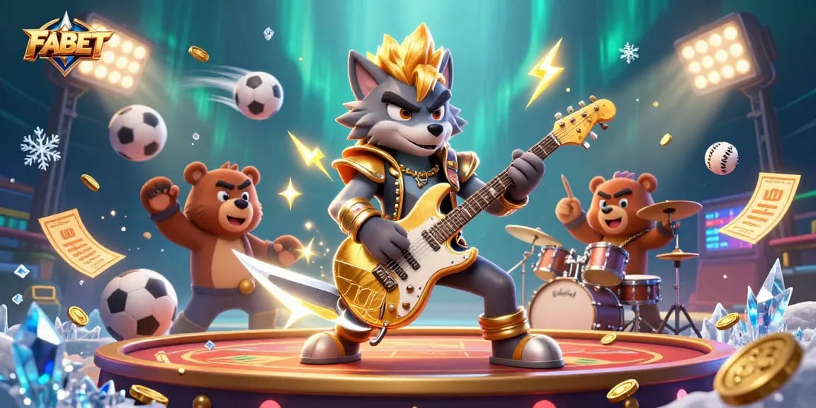 FABET rocking the casino stage with a wolf guitarist, bear drummer, and dynamic sports elements.