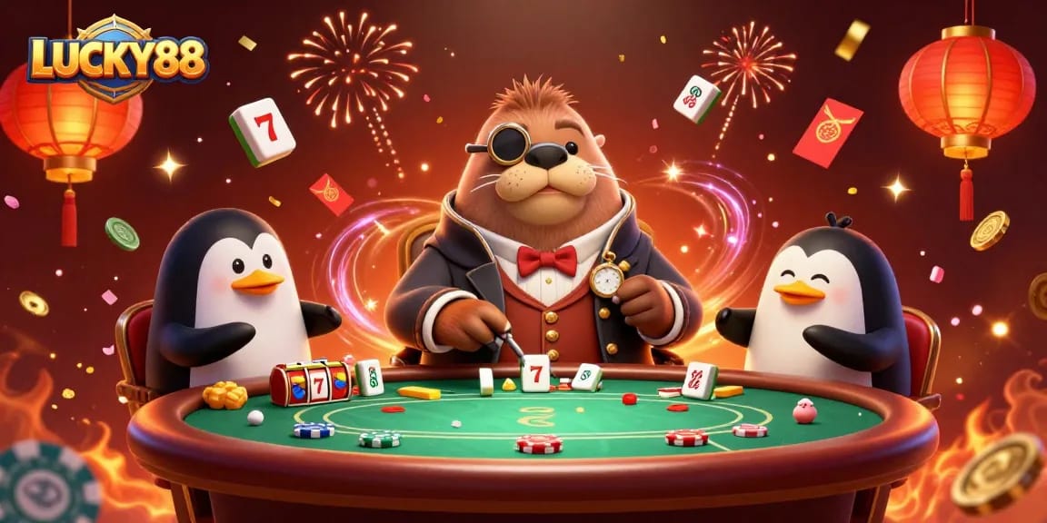 Experience the excitement of LUCKY88 slot action with a jolly walrus in this vibrant 3D casino scene.