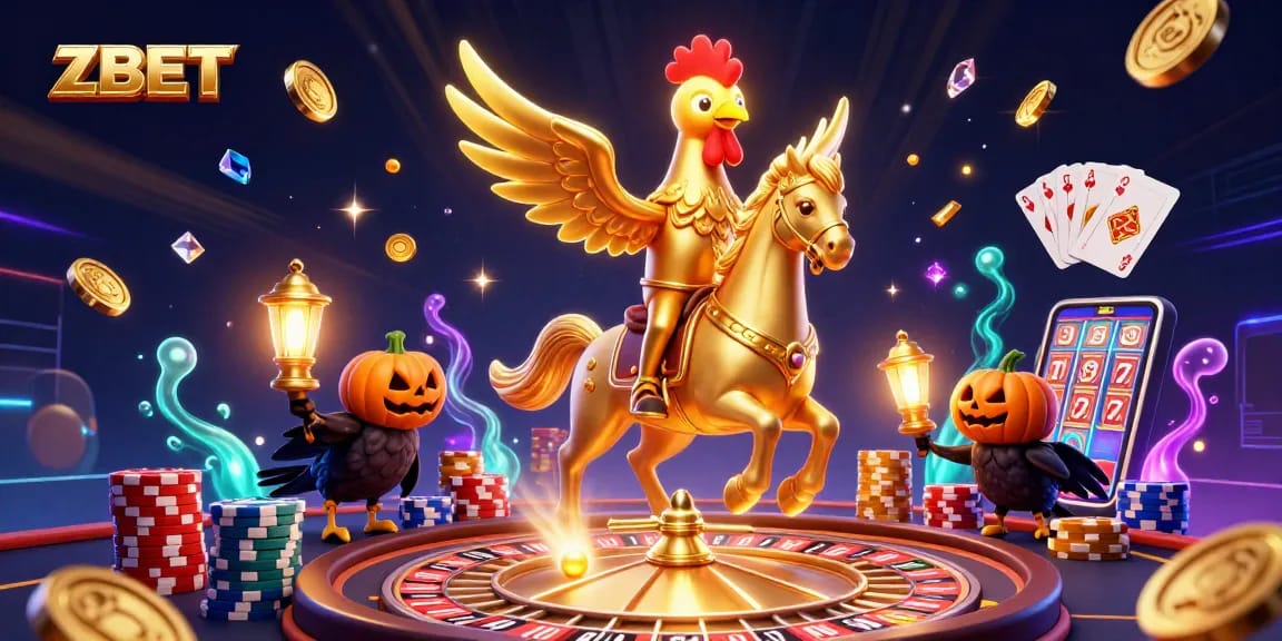 ZBET players revel in a vibrant casino atmosphere featuring golden rooster and stunning game elements.