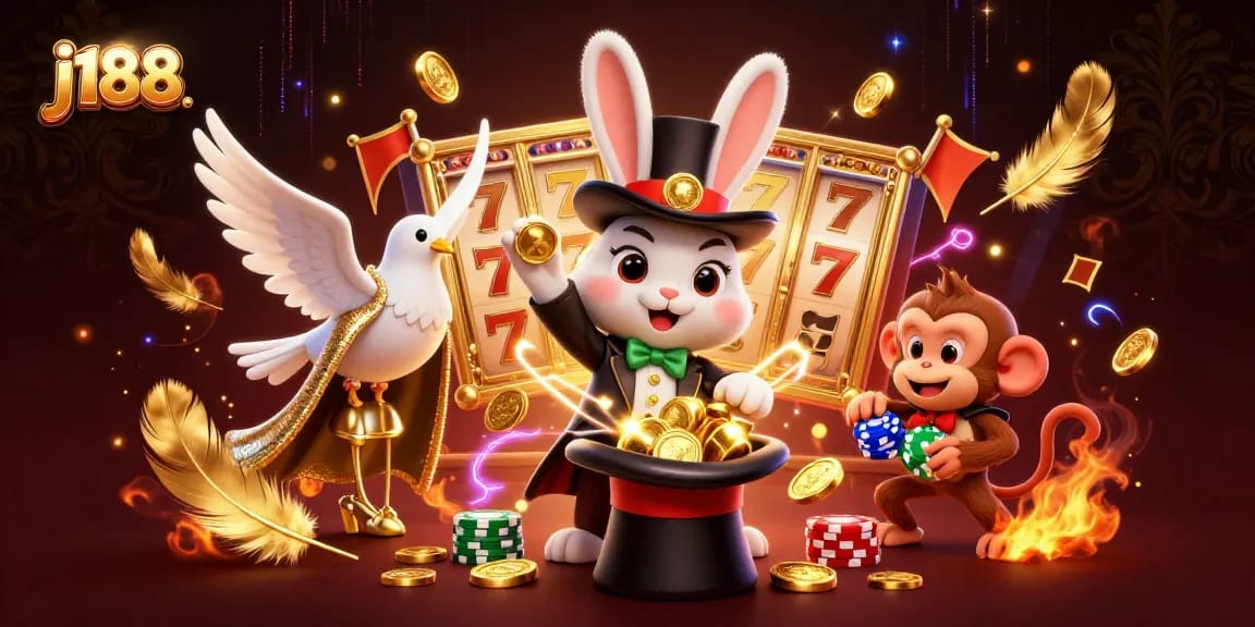 Experience the magic of j188 as a magician rabbit pulls golden coins in an electrifying casino scene.