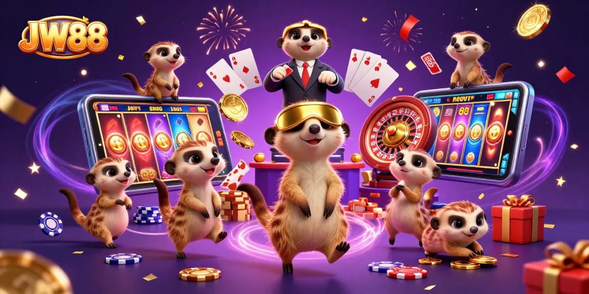 Engage in exciting bets at JW88 with meerkats running a casino, showcasing vibrant gaming elements.