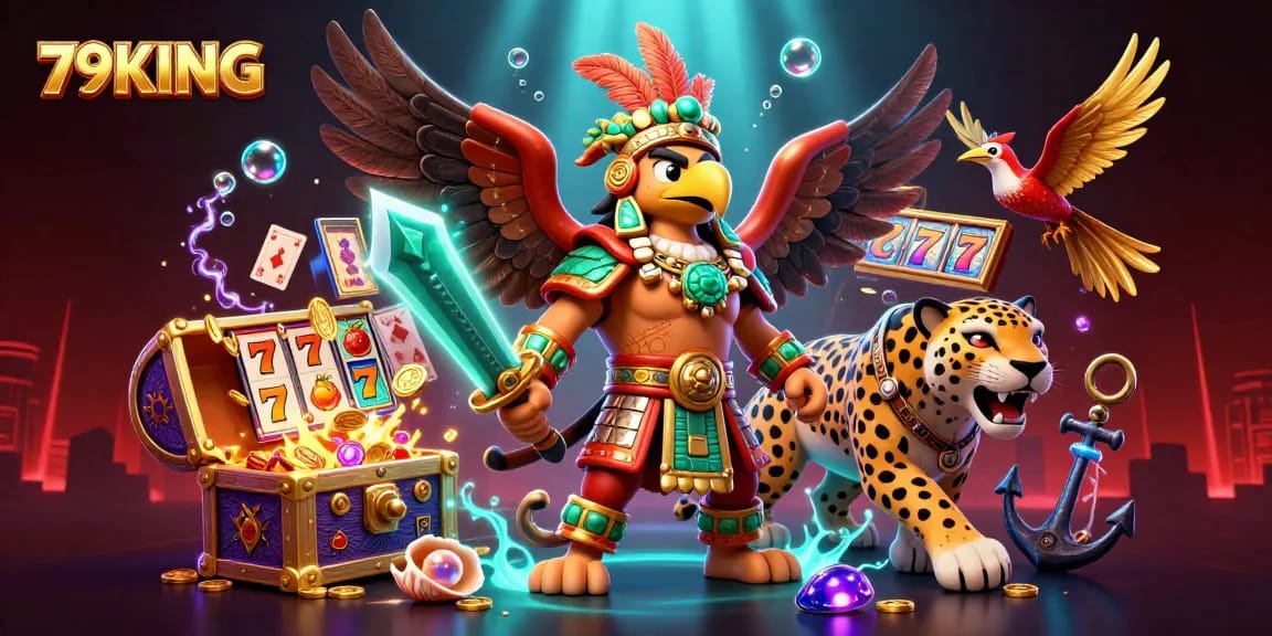 Experience winning thrills with 79KING in this ultra-detailed casino adventure scene featuring colorful slot elements.
