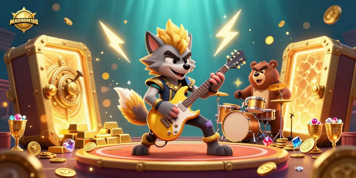 Experience thrilling wins at MAGNUM188 with vibrant 3D casino excitement featuring cartoon characters and dynamic treasures.