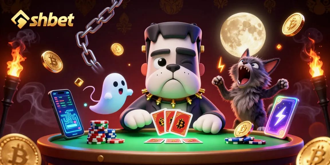 shbet welcomes players to an exciting casino atmosphere with a cartoon bulldog dealer and a ghost mouse