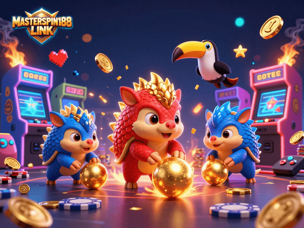MASTERSPIN188 LINK showcases rival pangolins competing in a vibrant casino setting.
