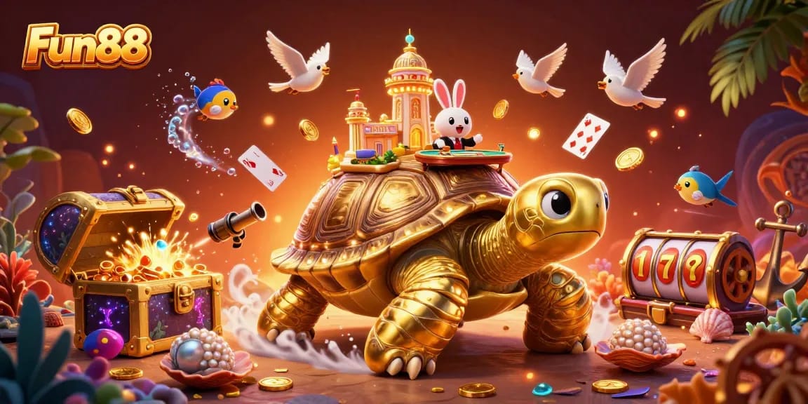 Engage with Fun88's vibrant casino scene featuring golden tortoise and dynamic game elements.