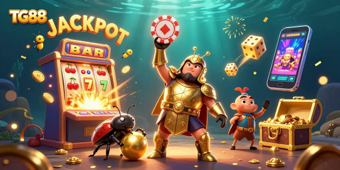 Experience exciting jackpots at TG88 with vibrant 3D illustrations of casino games and characters.