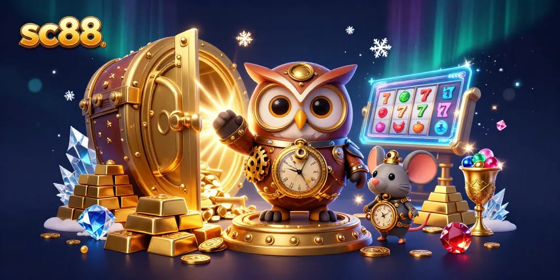 Experience the vibrant casino thrill with sc88 as the time-traveler owl navigates a world of endless riches.