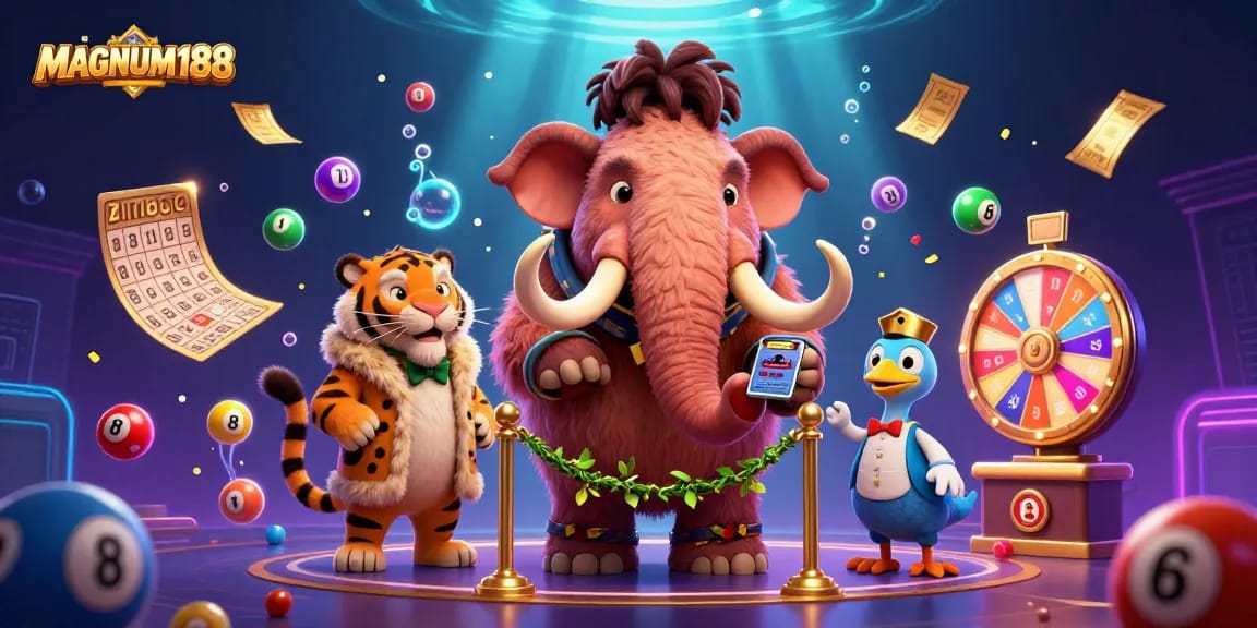 Engage with MAGNUM188's vibrant casino atmosphere, led by a mammoth bouncer and colorful lottery elements.